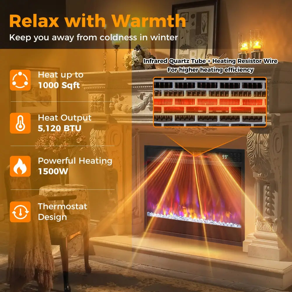 23 Inch 1500W Recessed Electric Fireplace Insert with Remote Control-Black - Black - Fireplaces