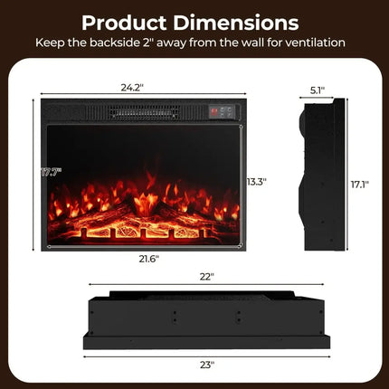 23 Inch Electric Fireplace Insert Fireplace Heater with Adjustable Flame Color Costway
