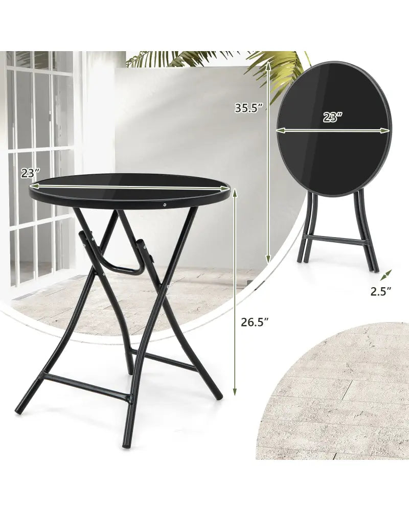 23 Inch Round Bistro Table with Tempered Glass Tabletop - Black - Patio Dining Tables