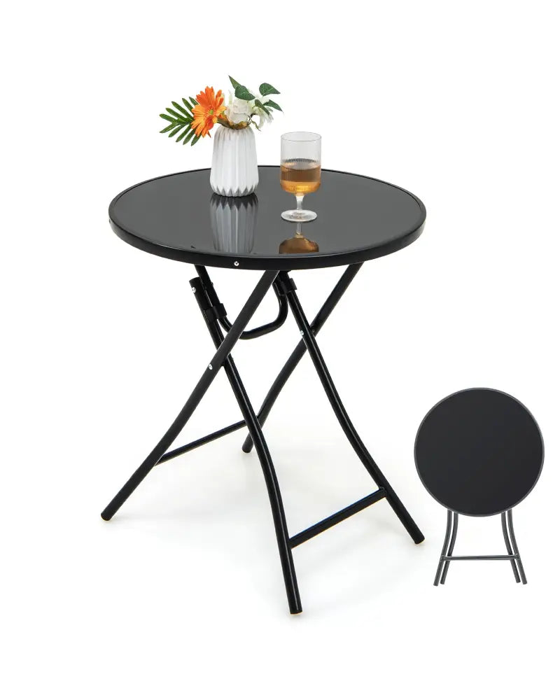 23 Inch Round Bistro Table with Tempered Glass Tabletop - Black - Patio Dining Tables