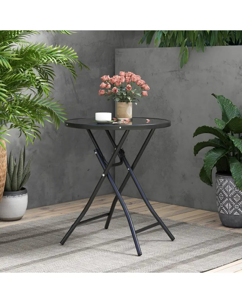 23 Inch Round Bistro Table with Tempered Glass Tabletop - Black - Patio Dining Tables