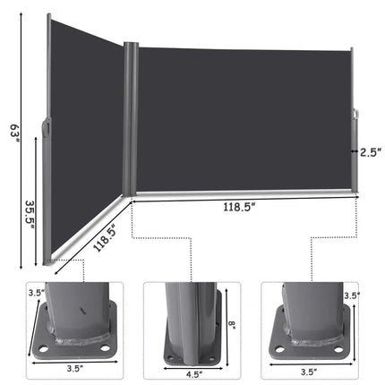 237 x 63 Inch Patio Retractable Double Folding Side Awning Screen Divider - Gray - Outdoor Shades