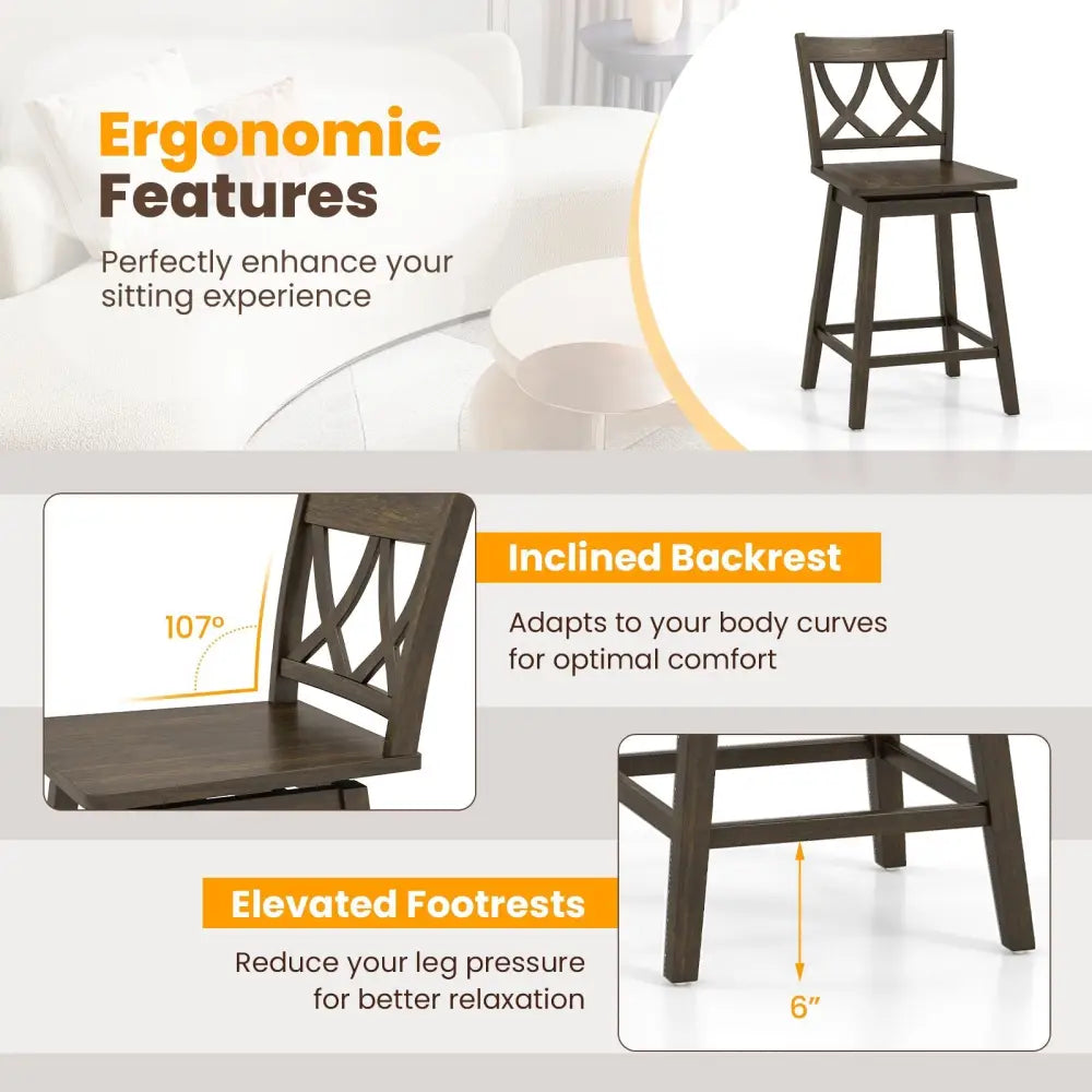 24/29 Inch Bar Stool Set of 2 Wooden Bar Chairs with Rubber Wood Frame-24 inches Costway