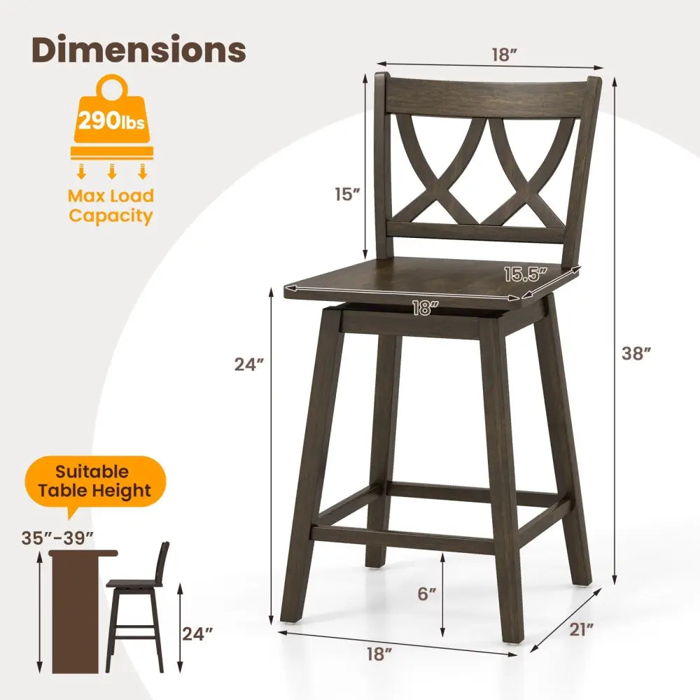 24/29 Inch Bar Stool Set of 2 Wooden Bar Chairs with Rubber Wood Frame-24 inches Costway