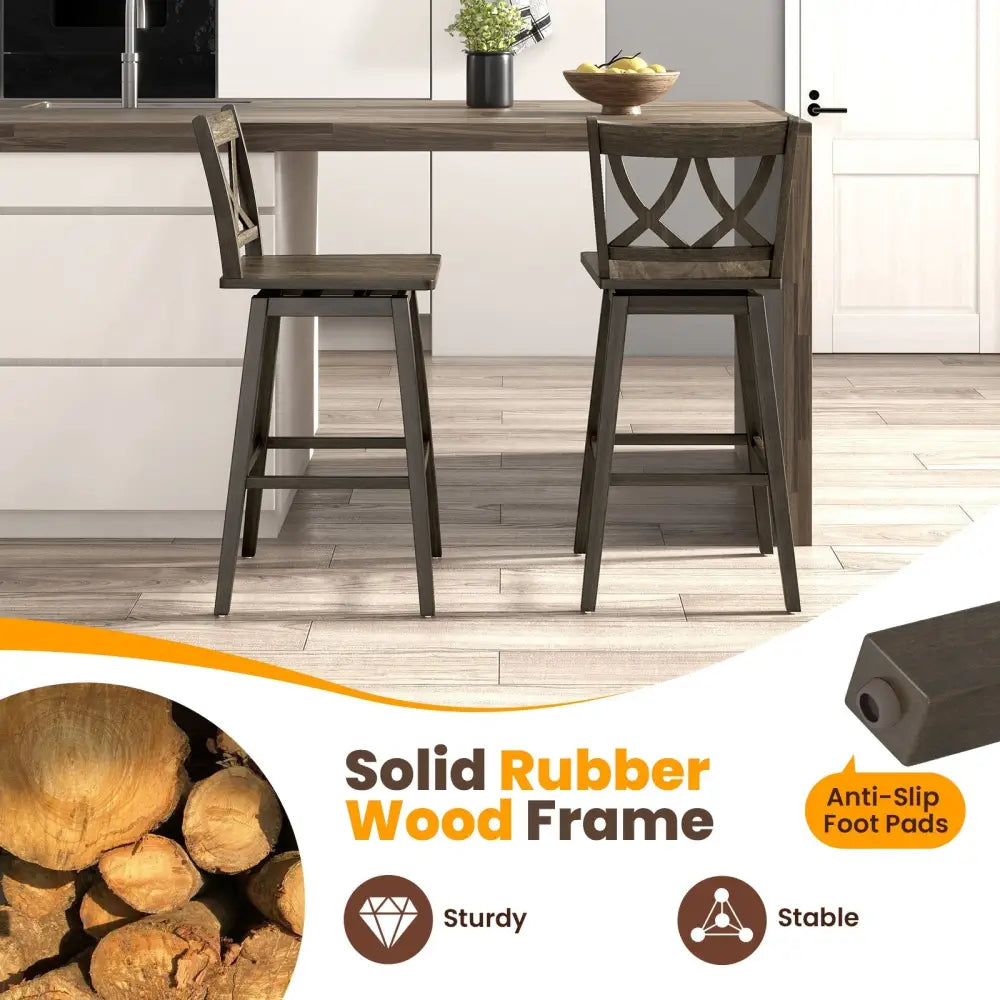 24/29 Inch Bar Stool Set of 2 Wooden Bar Chairs with Rubber Wood Frame-29 inches Costway