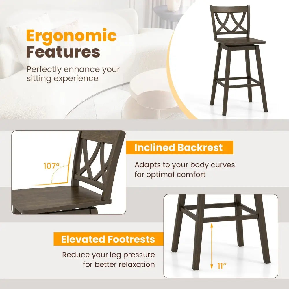 24/29 Inch Bar Stool Set of 2 Wooden Bar Chairs with Rubber Wood Frame-29 inches Costway