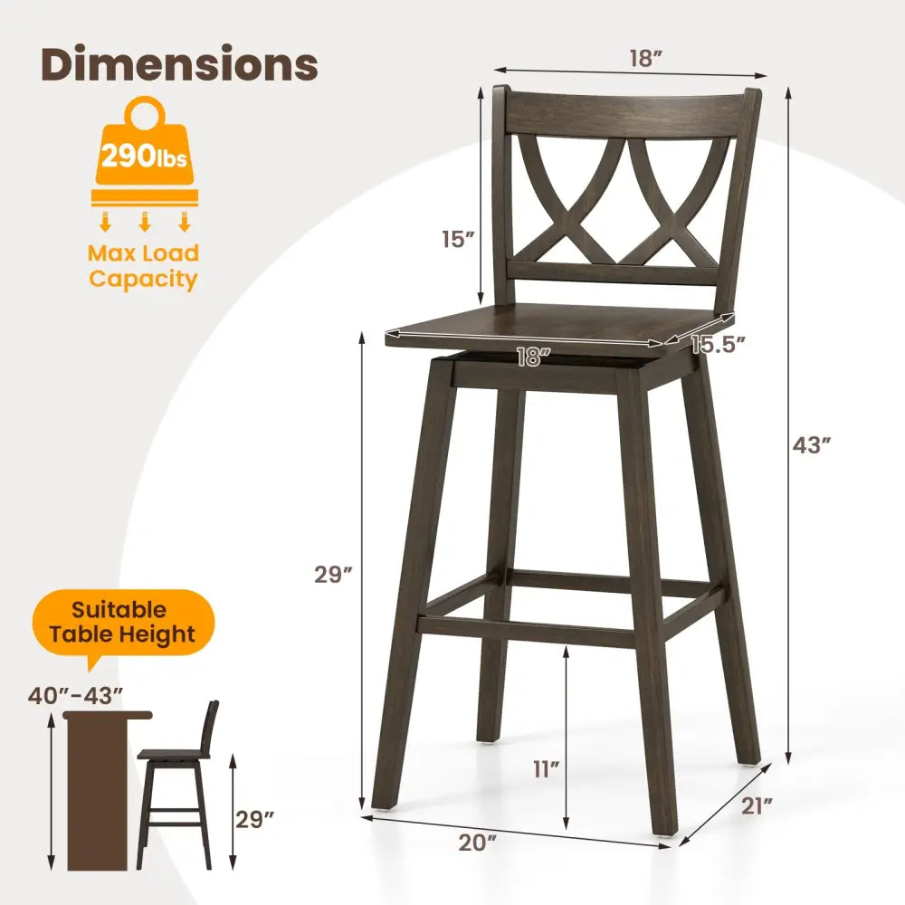 24/29 Inch Bar Stool Set of 2 Wooden Bar Chairs with Rubber Wood Frame-29 inches Costway