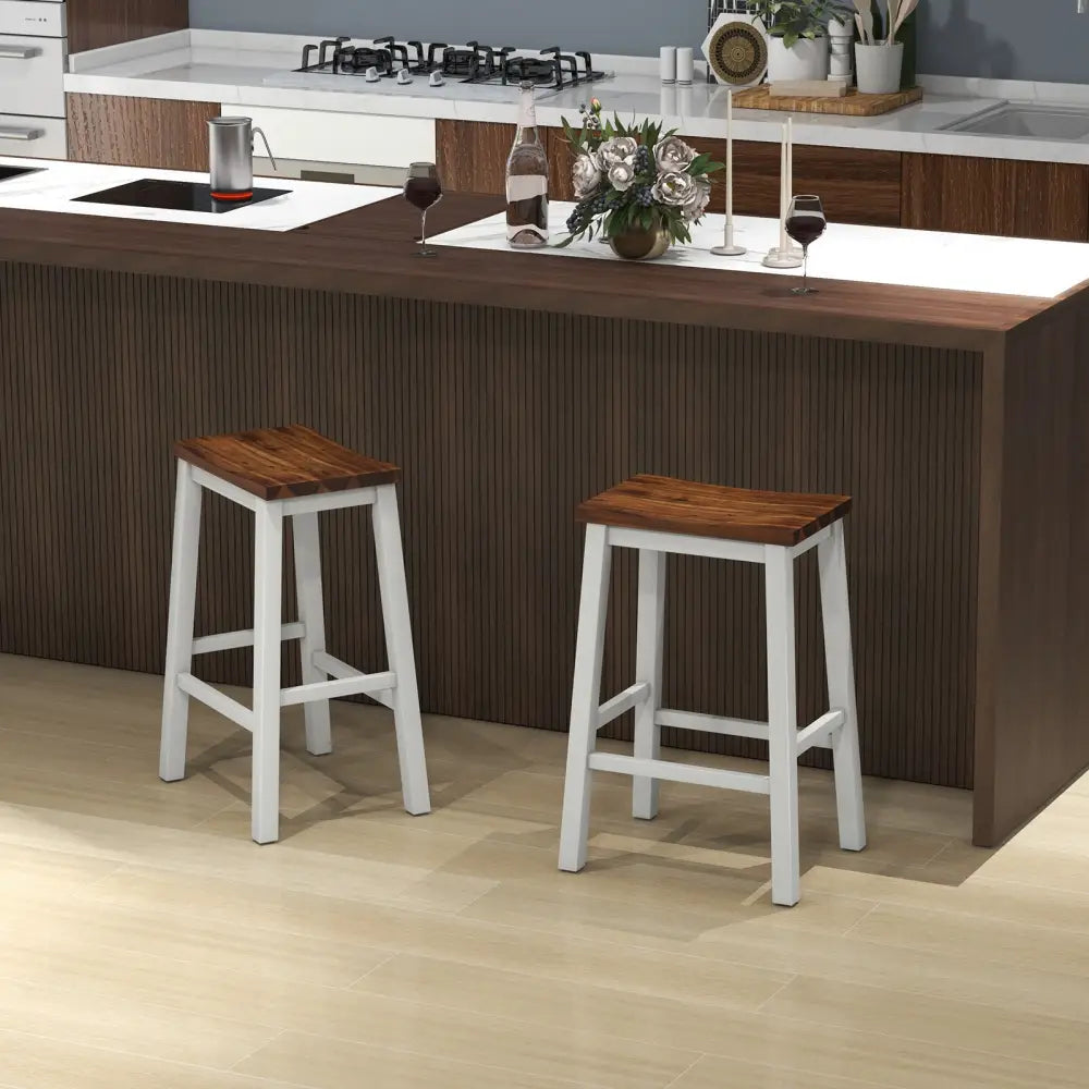 24.5-Inch Set of 2 Saddle Stools Bar Stools with Footrests for Kitchen Island-Walnut & Gray - Walnut & Gray - Bar Stools