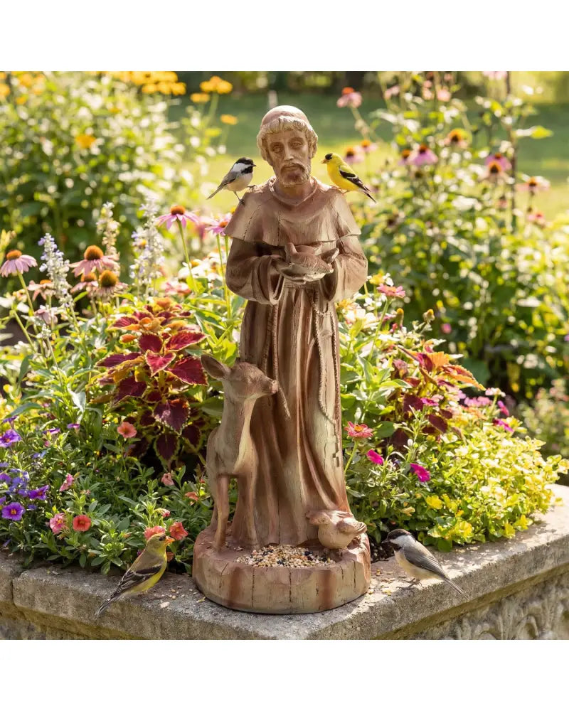 24.5 inch St. Francis Statue with Bird Feeder Saint Francis of Assisi with Animals Sculpture-Rustic Brown - Rustic