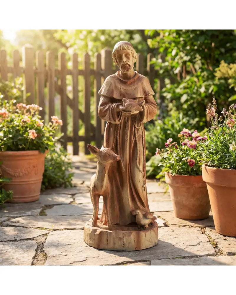 24.5 inch St. Francis Statue with Bird Feeder Saint Francis of Assisi with Animals Sculpture-Rustic Brown - Rustic