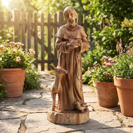24.5 inch St. Francis Statue with Bird Feeder Saint Francis of Assisi with Animals Sculpture-Rustic Brown - Rustic