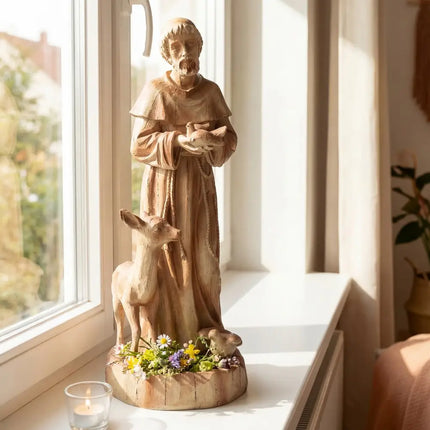 24.5 inch St. Francis Statue with Bird Feeder Saint Francis of Assisi with Animals Sculpture-Rustic Brown - Rustic