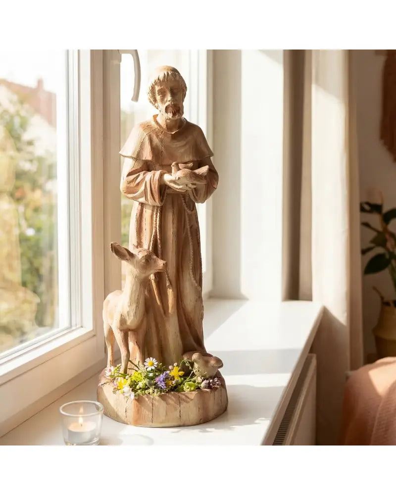 24.5 inch St. Francis Statue with Bird Feeder Saint Francis of Assisi with Animals Sculpture-Rustic Brown - Rustic