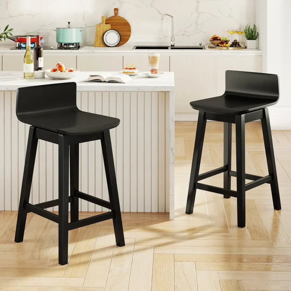 24.5 Inch Swivel Wooden Bar Stools Set of 2 with Rubber Wood Legs and Low Back-Black - Black - Bar Stools