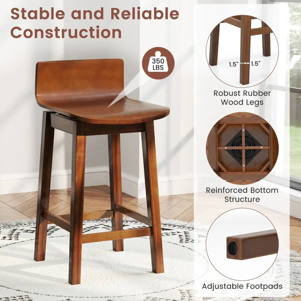 24.5 Inch Swivel Wooden Bar Stools Set of 2 with Rubber Wood Legs and Low Back-Walnut Costway