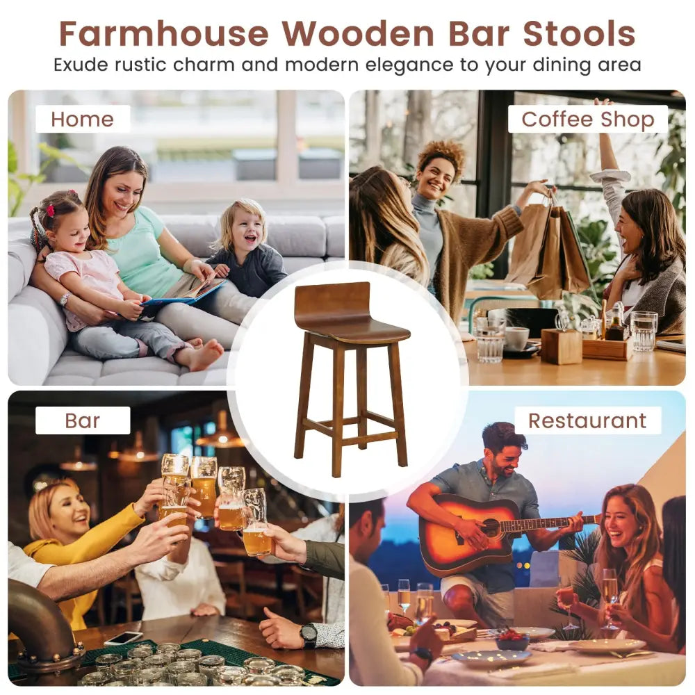 24.5 Inch Swivel Wooden Bar Stools Set of 2 with Rubber Wood Legs and Low Back-Walnut Costway
