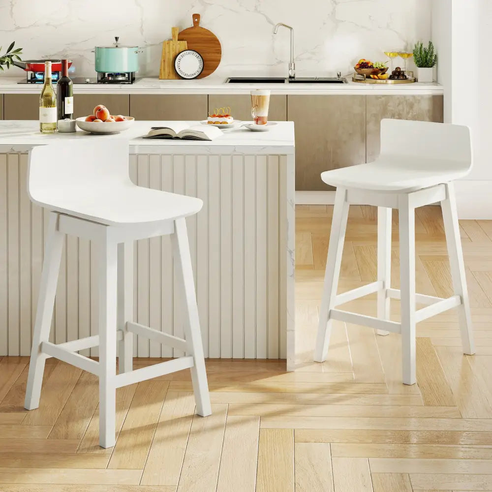 24.5 Inch Swivel Wooden Bar Stools Set of 2 with Rubber Wood Legs and Low Back-White - White - Bar Stools