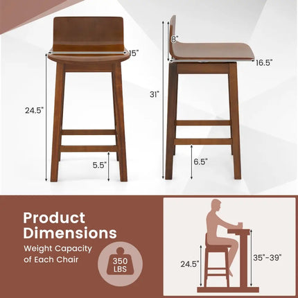 24.5 Inch Swivel Wooden Bar Stools Set of 2 with Rubber Wood Legs and Low Back-Walnut Costway