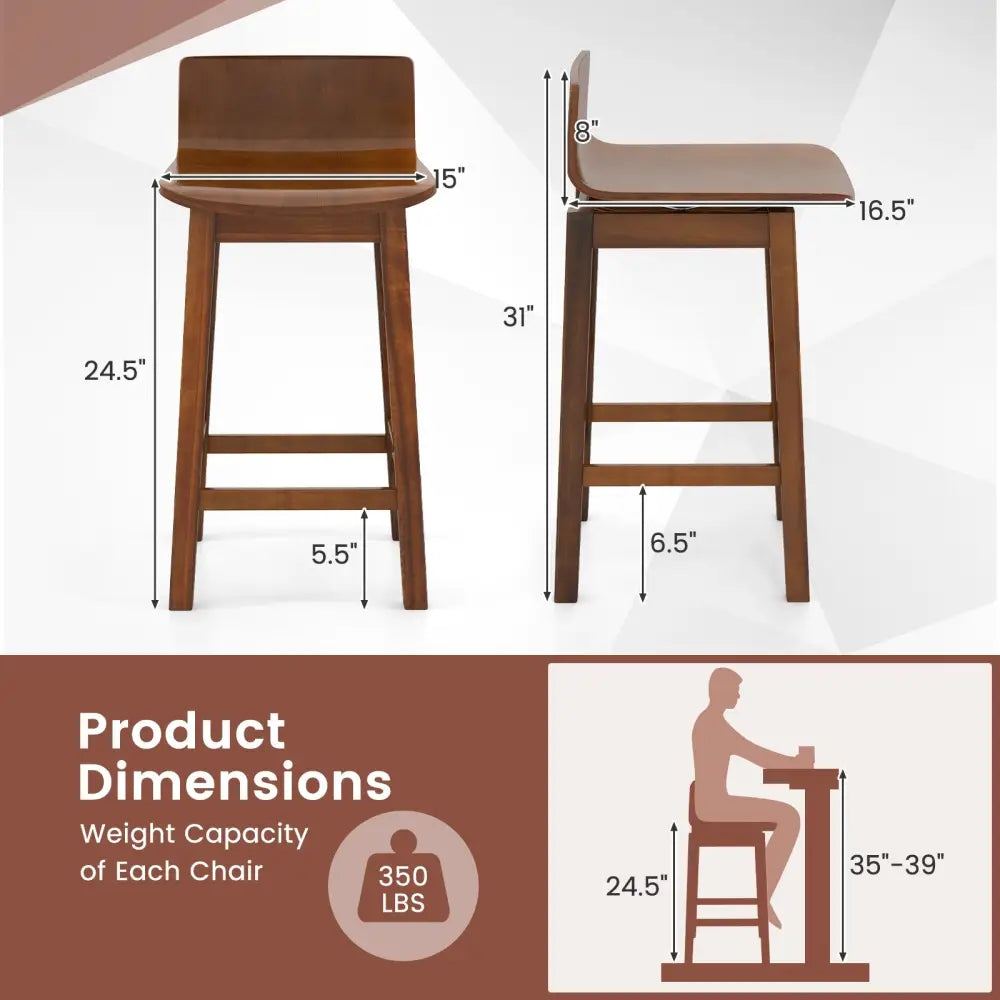 24.5 Inch Swivel Wooden Bar Stools Set of 2 with Rubber Wood Legs and Low Back-Walnut Costway