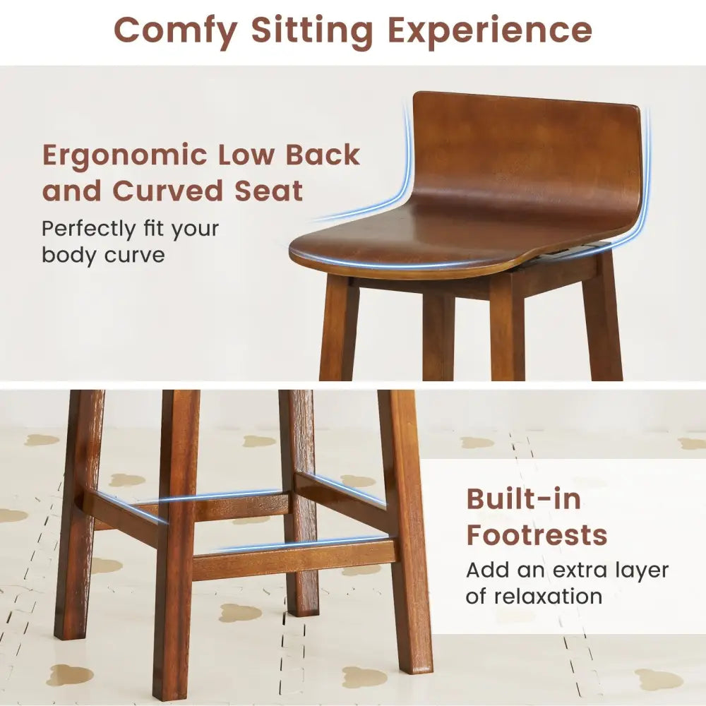 24.5 Inch Swivel Wooden Bar Stools Set of 2 with Rubber Wood Legs and Low Back-Walnut Costway