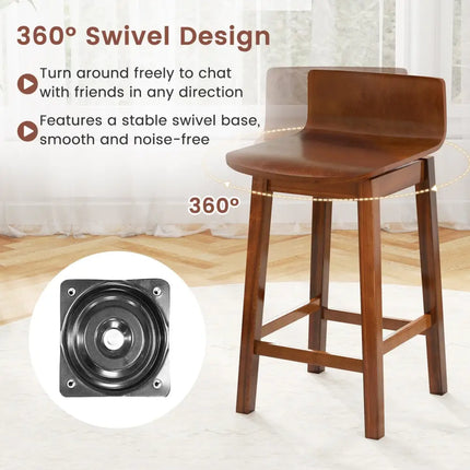 24.5 Inch Swivel Wooden Bar Stools Set of 2 with Rubber Wood Legs and Low Back-Walnut Costway