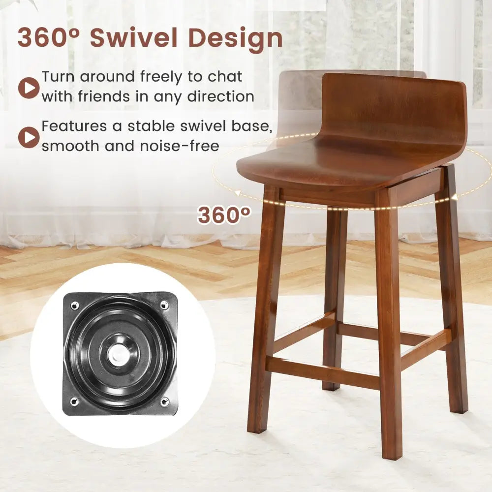 24.5 Inch Swivel Wooden Bar Stools Set of 2 with Rubber Wood Legs and Low Back-Walnut Costway