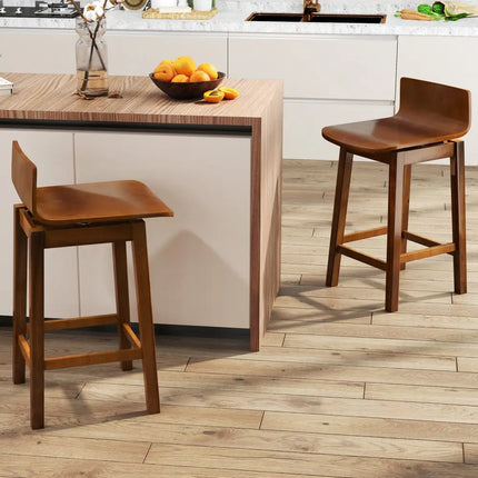 24.5 Inch Swivel Wooden Bar Stools Set of 2 with Rubber Wood Legs and Low Back-Walnut Costway