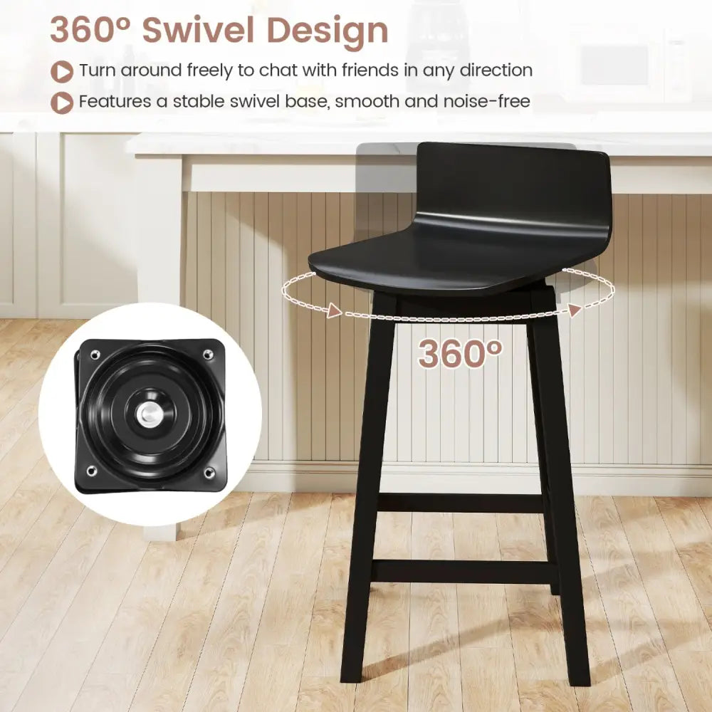24.5 Inch Swivel Wooden Bar Stools Set of 4 with Rubber Wood Legs and Low Back-Black Costway