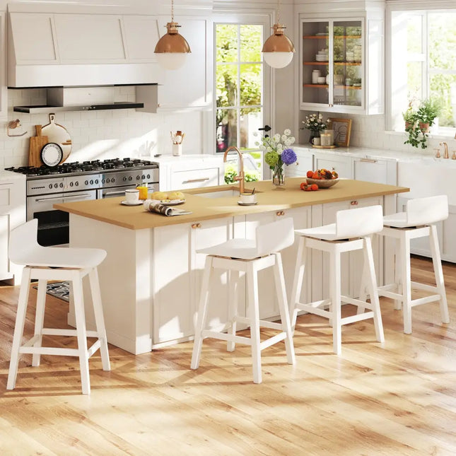 24.5 Inch Swivel Wooden Bar Stools Set of 4 with Rubber Wood Legs and Low Back-White Costway