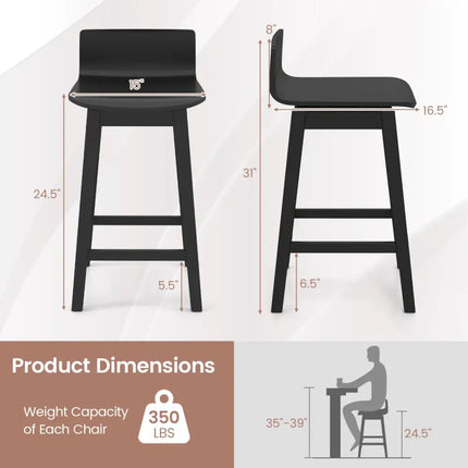 24.5 Inch Swivel Wooden Bar Stools Set of 4 with Rubber Wood Legs and Low Back-Black Costway
