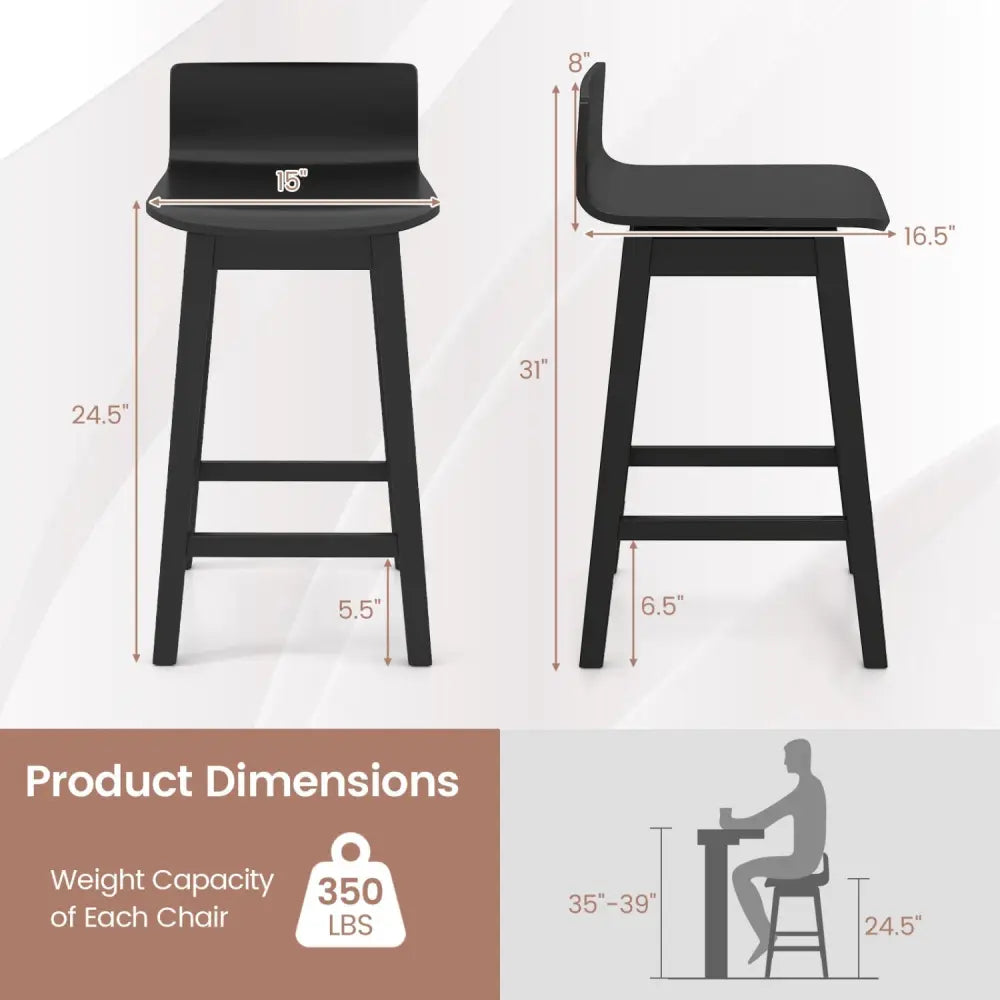 24.5 Inch Swivel Wooden Bar Stools Set of 4 with Rubber Wood Legs and Low Back-Black Costway