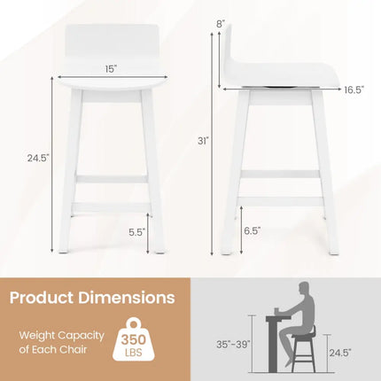 24.5 Inch Swivel Wooden Bar Stools Set of 4 with Rubber Wood Legs and Low Back-White Costway