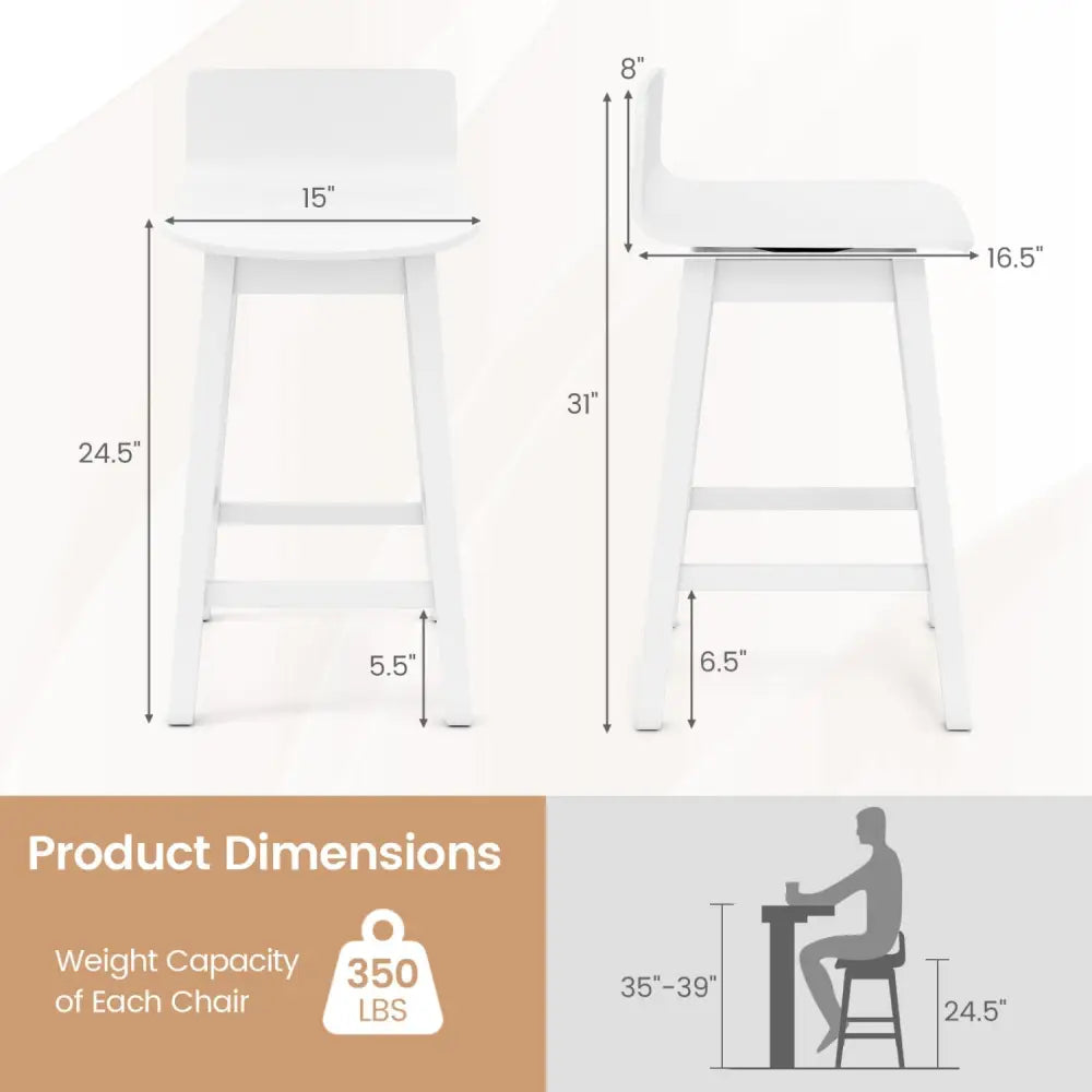24.5 Inch Swivel Wooden Bar Stools Set of 4 with Rubber Wood Legs and Low Back-White Costway