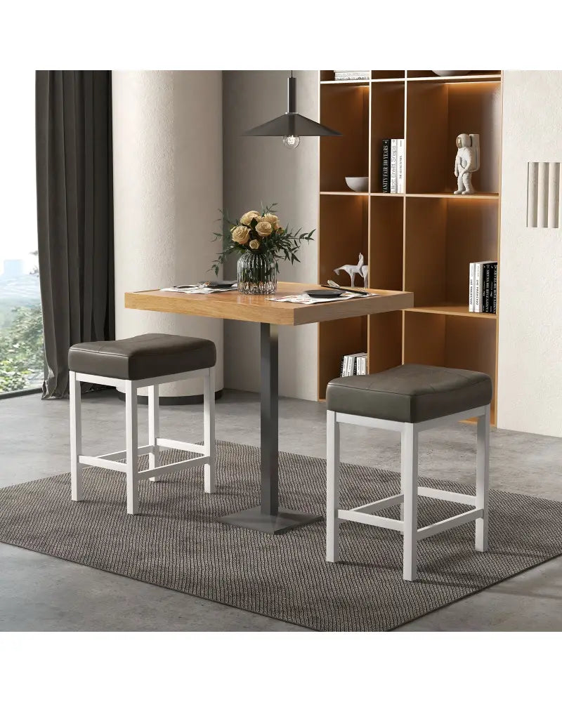 24.5 Inches Linen Fabric Saddle Stools Set of 2 with Cushioned Seat-Black and White - Black & White - Bar Stools
