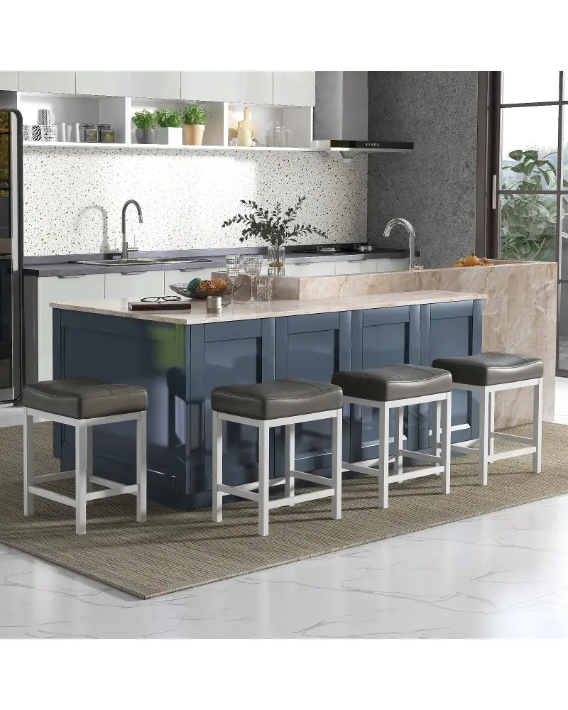 24.5 Inches Linen Fabric Saddle Stools Set of 2 with Cushioned Seat-Black and White - Black & White - Bar Stools