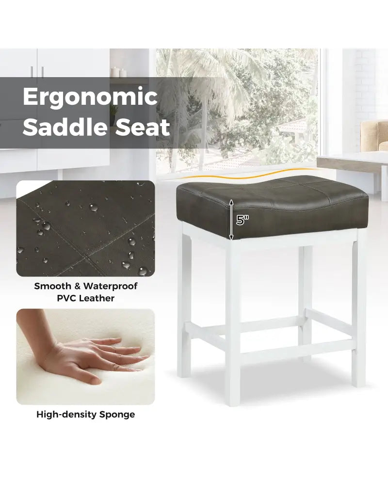 24.5 Inches Linen Fabric Saddle Stools Set of 2 with Cushioned Seat-Black and White - Black & White - Bar Stools