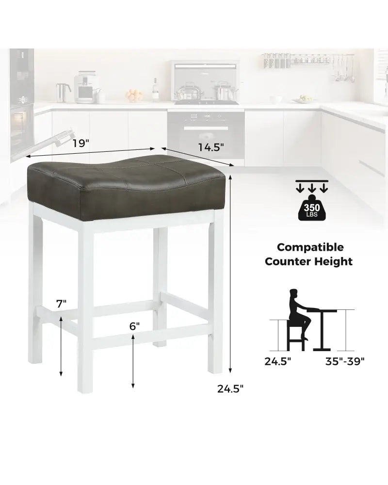 24.5 Inches Linen Fabric Saddle Stools Set of 2 with Cushioned Seat-Black and White - Black & White - Bar Stools