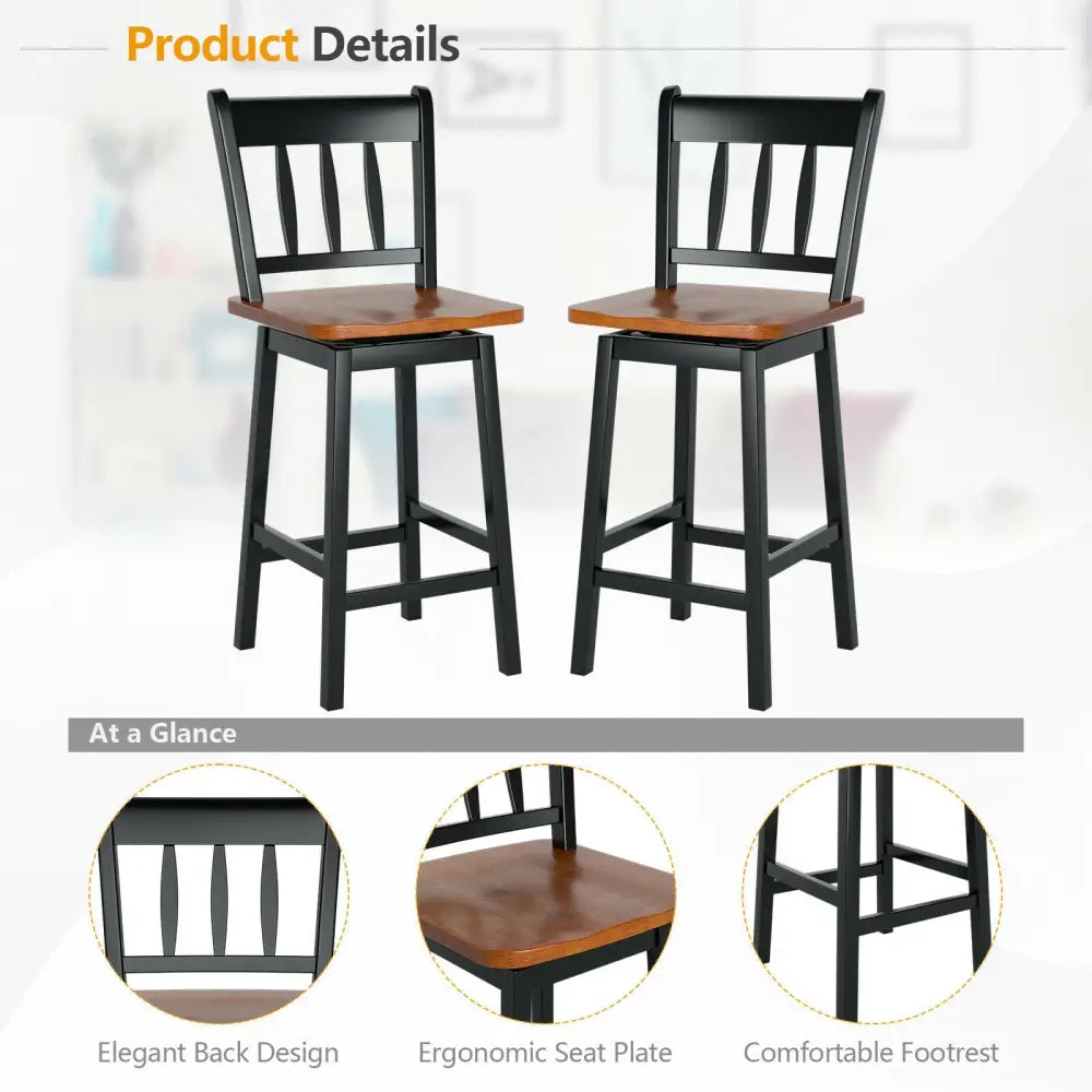 24.5 Inches Set of 2 Swivel Bar Stools with 360Â° Swiveling-Black Costway