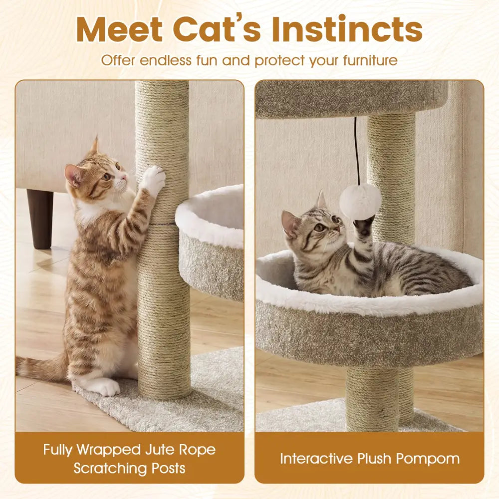 24’’ Cat Tower with 2 Plush Perches Scratching Posts and Dangling Ball - Cat Trees Condos & Scratchers