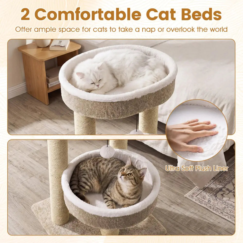 24’’ Cat Tower with 2 Plush Perches Scratching Posts and Dangling Ball - Cat Trees Condos & Scratchers