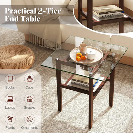 24 Inch 2-Tier Square Glass Coffee Table Center Table with Storage Shelf-Brown Costway