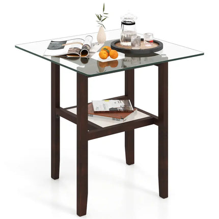 24 Inch 2-Tier Square Glass Coffee Table Center Table with Storage Shelf-Brown Costway