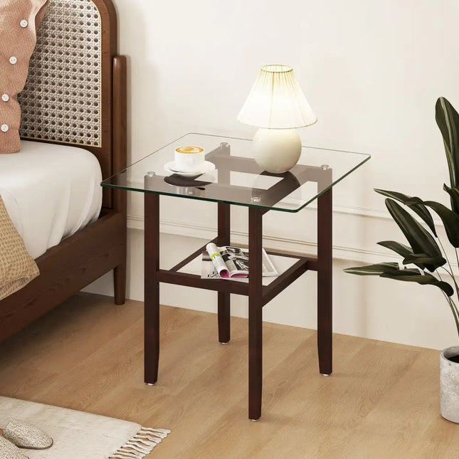 24 Inch 2-Tier Square Glass Coffee Table Center Table with Storage Shelf-Brown Costway