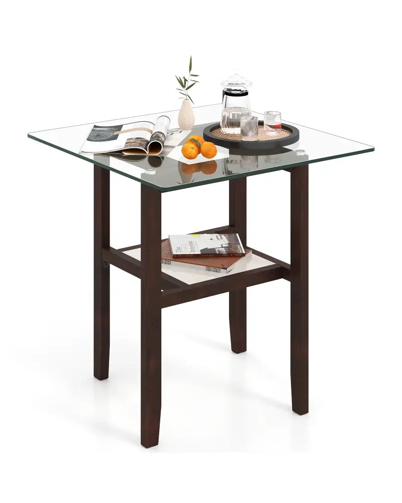 24 Inch 2-Tier Square Glass Coffee Table Center Table with Storage Shelf-Brown - Brown - End & Side Tables