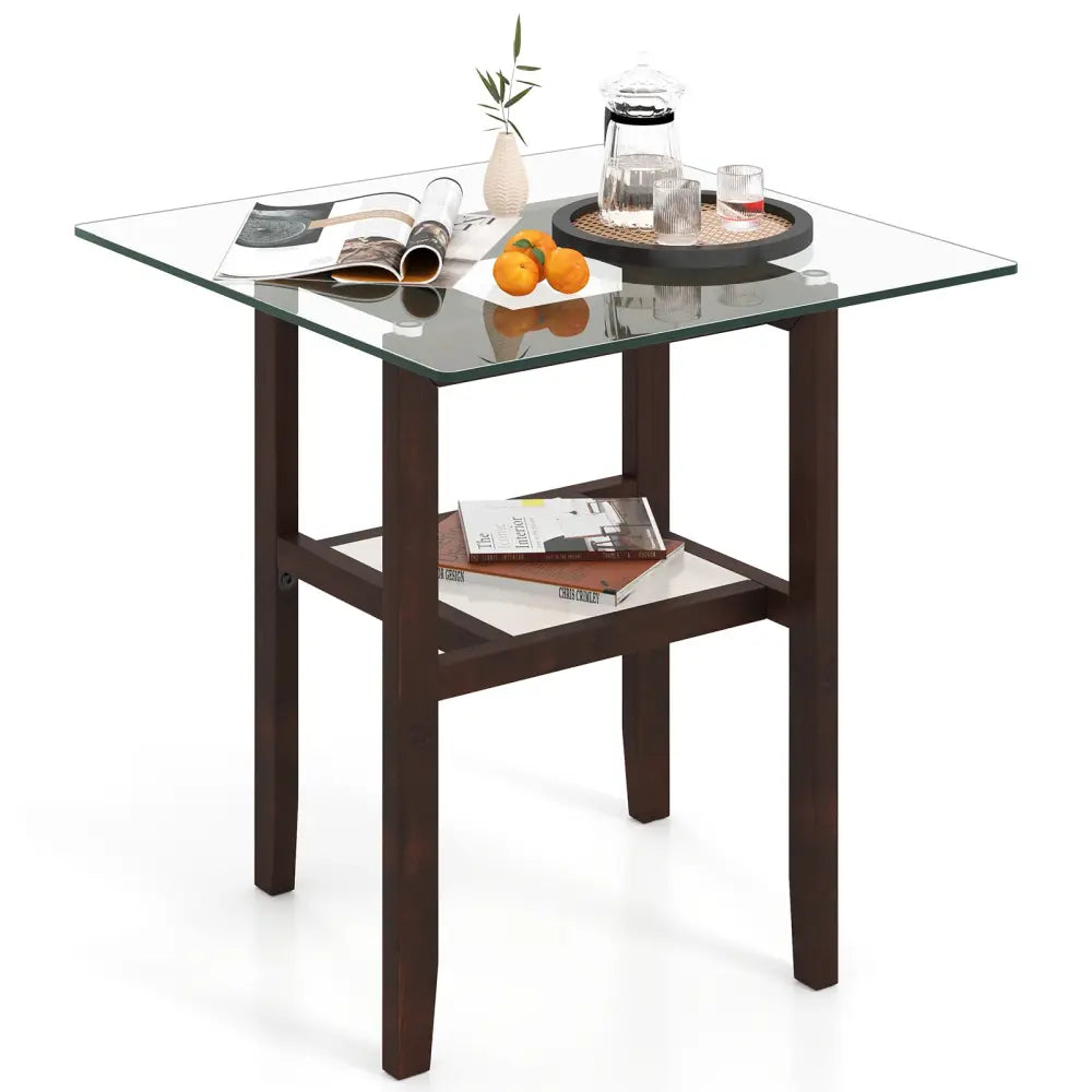 24 Inch 2-Tier Square Glass Coffee Table Center Table with Storage Shelf-Brown - Brown - End & Side Tables
