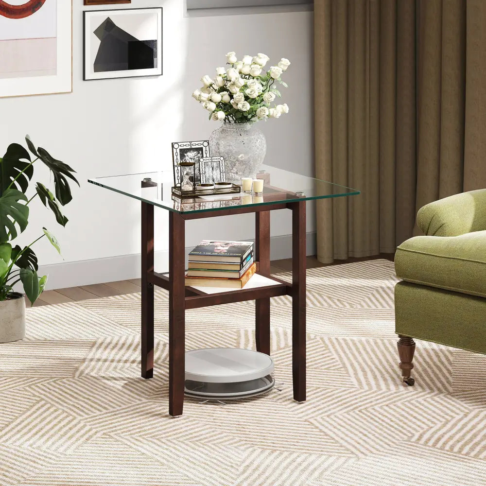 24 Inch 2-Tier Square Glass Coffee Table Center Table with Storage Shelf-Brown - Brown - End & Side Tables
