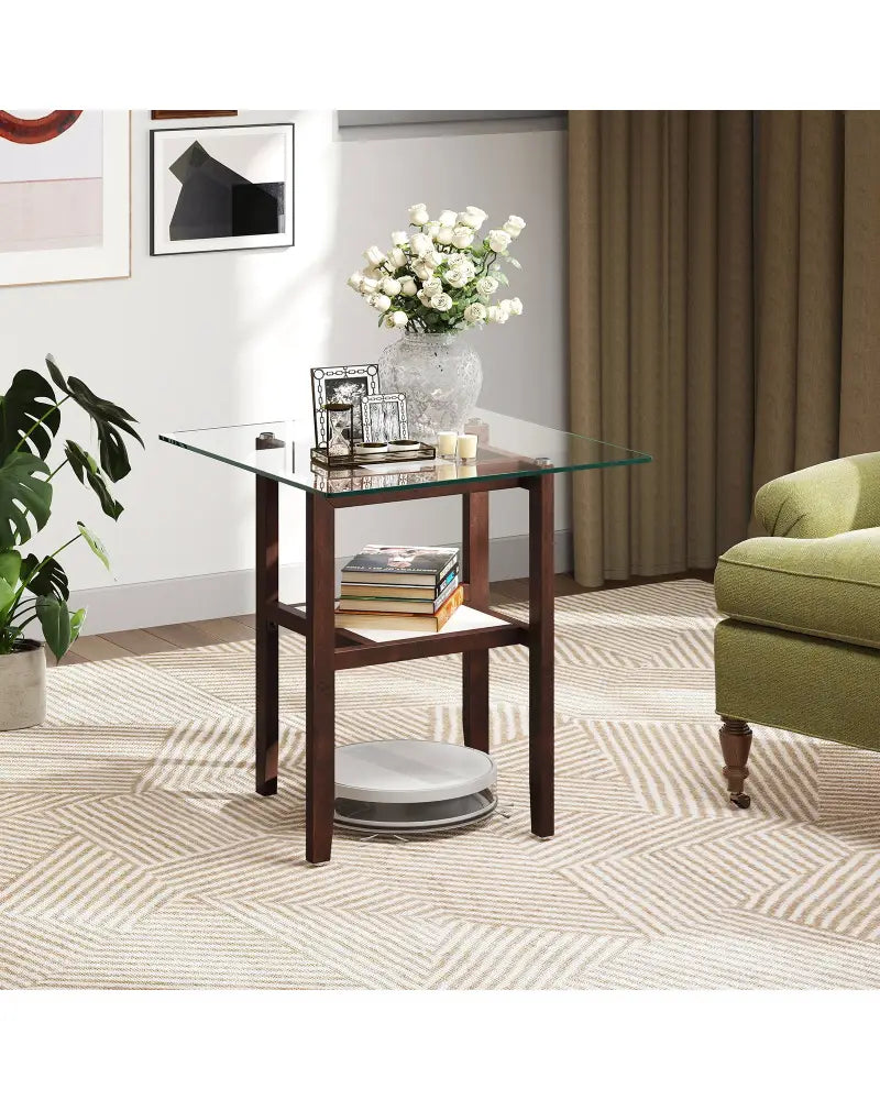 24 Inch 2-Tier Square Glass Coffee Table Center Table with Storage Shelf-Brown - Brown - End & Side Tables