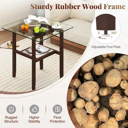 24 Inch 2-Tier Square Glass Coffee Table Center Table with Storage Shelf-Brown Costway