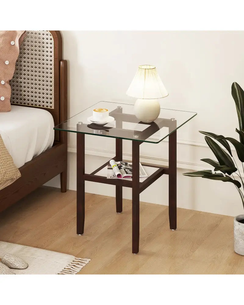 24 Inch 2-Tier Square Glass Coffee Table Center Table with Storage Shelf-Brown - Brown - End & Side Tables