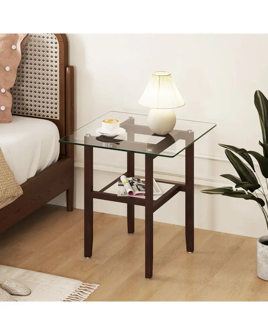 24 Inch 2-Tier Square Glass Coffee Table Center Table with Storage Shelf-Brown - Brown - End & Side Tables